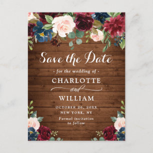 Cartão Postal Burgundy Blue Blush Rustic Weding Date