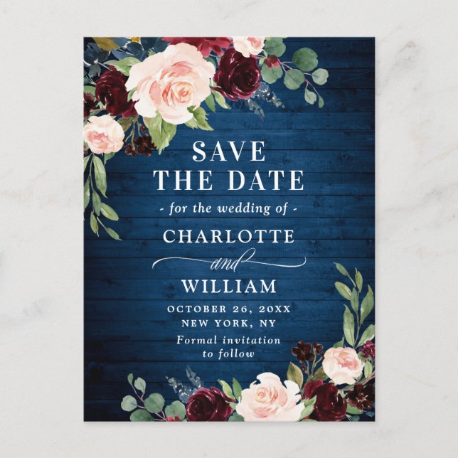 Cartão Postal Burgundy Blue Blush Rustic Weding Date (Salva a da (Frente)
