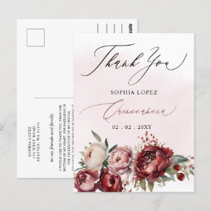 Cartão Postal Burgundy Blush Floral Quinceañera Obrigado