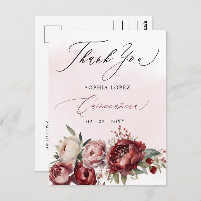Cartão Postal Burgundy Blush Floral Quinceañera Obrigado (Frente/Verso)