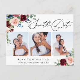 Cartão Postal Burgundy Blush Navy 3 FOTO Casamento Save the Date