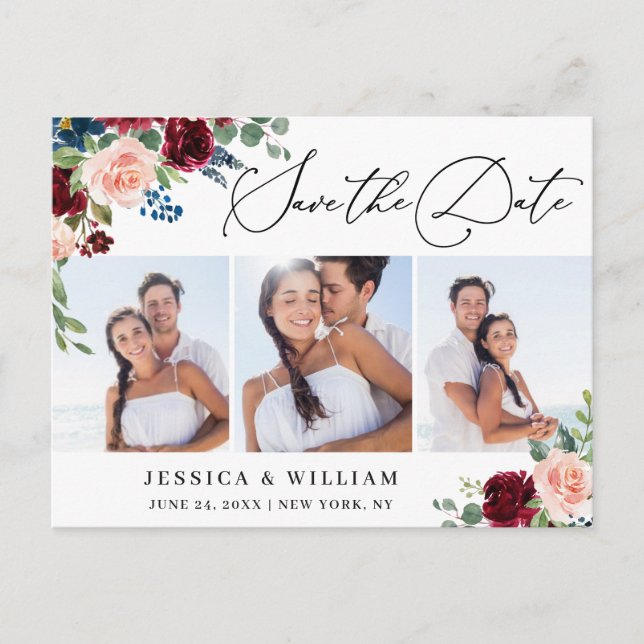 Cartão Postal Burgundy Blush Navy 3 FOTO Casamento Save the Date (Frente)