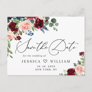 Cartão Postal Burgundy Blush Rosa Navy Casamento Save the Date