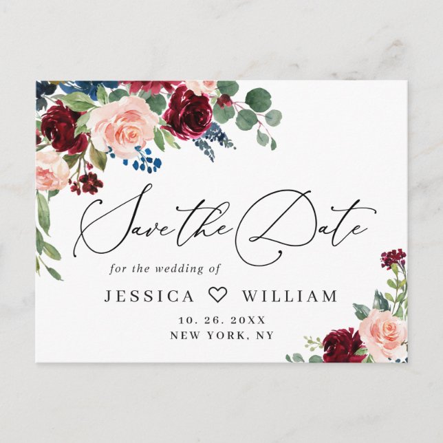 Cartão Postal Burgundy Blush Rosa Navy Casamento Save the Date (Frente)