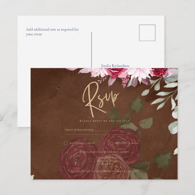 Cartão Postal Burgundy Brown Floral Winter Casamento outono Invi (Frente/Verso)