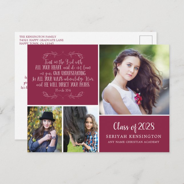 Cartão Postal Burgundy Christian Graduation Proverbs 3 Photo (Frente/Verso)