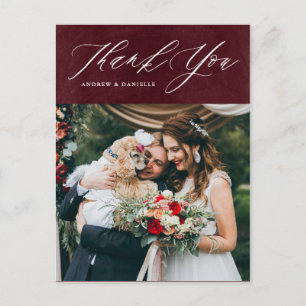 Cartão Postal Burgundy Elegant Script Vertical Weding Obrigado