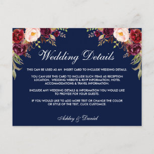 Cartão Postal Burgundy Floral Azul Detalhes do Casamento Inserir