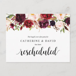 Cartão Postal Burgundy Florals Casamento Reprogramado