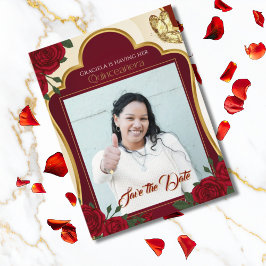 Cartão Postal Burgundy & Gold Rose Quinceañera Save the Date