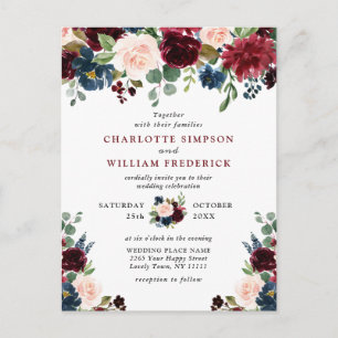 Cartão Postal Burgundy Marinho Blush Floral Casamentos