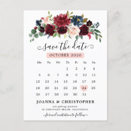 Cartão Postal Burgundy Marinho Blush Floral Salvar a Data
