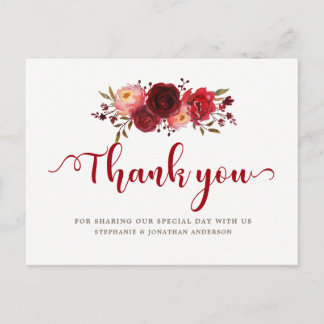 Cartão Postal Burgundy Marsala Rosas vermelhas Floral Obrigado