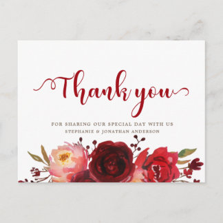 Cartão Postal Burgundy Marsala Rosas vermelhas Floral Obrigado