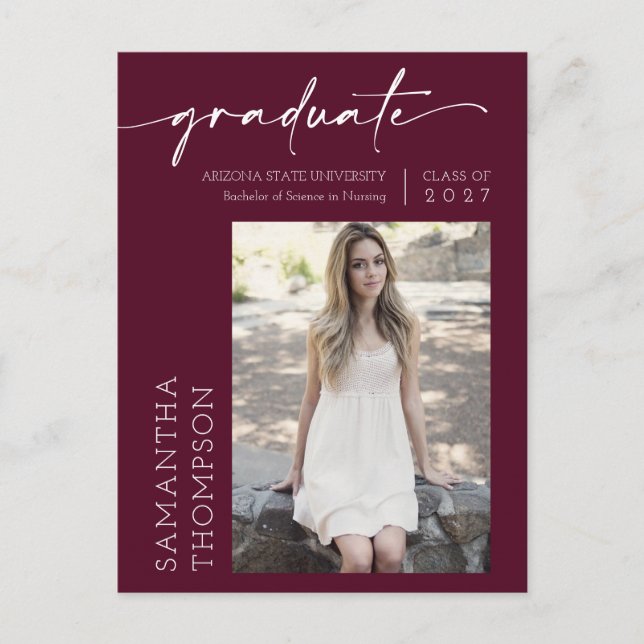 Cartão Postal Burgundy Minimal Script She Did It Photo Graduate (Frente)