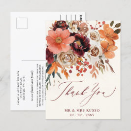 Cartão Postal Burgundy Orange Floral Casamento outono Obrigado