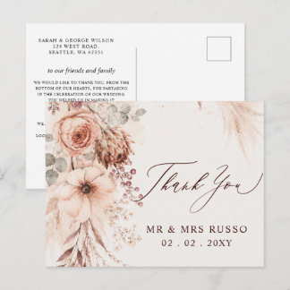 Cartão Postal Burgundy Pampas Floral Casamento de Outono Obrigad