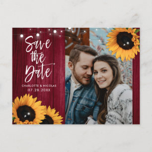 Cartão Postal Burgundy Sunflower Weding Date Photo