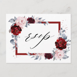 Cartão Postal Burgundy Wine Dusty Blue Slate Floral Wedal RSVP