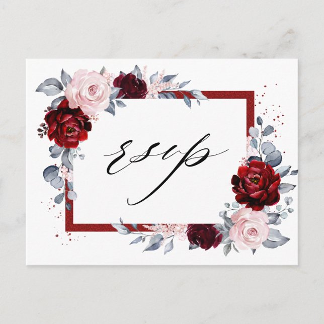 Cartão Postal Burgundy Wine Dusty Blue Slate Floral Wedal RSVP (Frente)