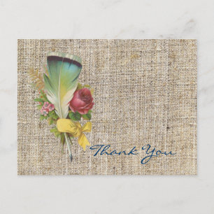 Cartão Postal burlap boho feather flor bohemian obrigado