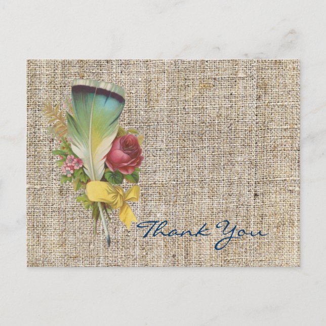 Cartão Postal burlap boho feather flor bohemian obrigado você (Frente)