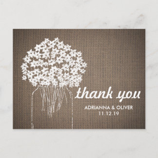 Cartão Postal Burlap Mason Jar Flowers Casamento Obrigado