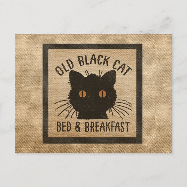 Cartão Postal Burlap Old Black Cat Bed Breed (Frente)