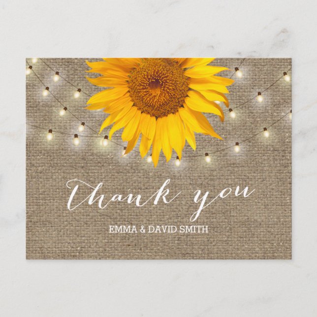 Cartão Postal Burlap Sunflower & String Lights Obrigado (Frente)
