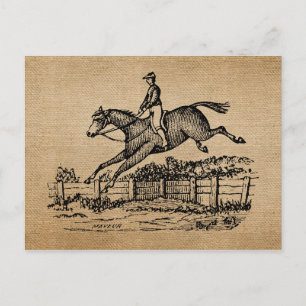 Cartão Postal Burlap Vintage Horse Jumping