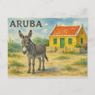 Cartão Postal Burro de Aruba com casa de cunucu amarelo aquarela