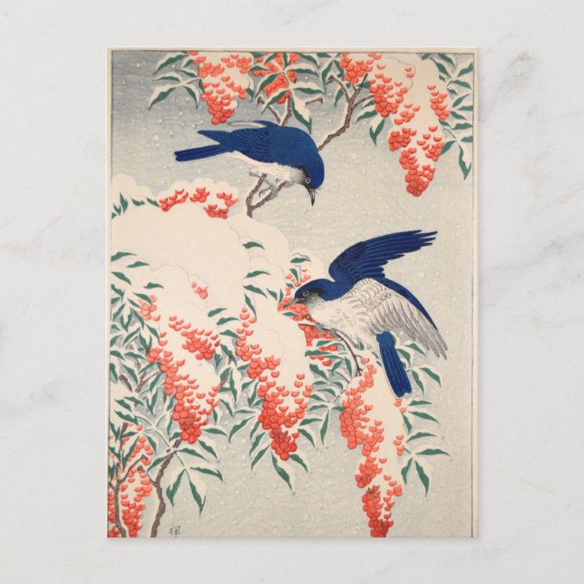 Cartão Postal Bush e Fly Catchers na Neve por Ohara Koson (Frente)