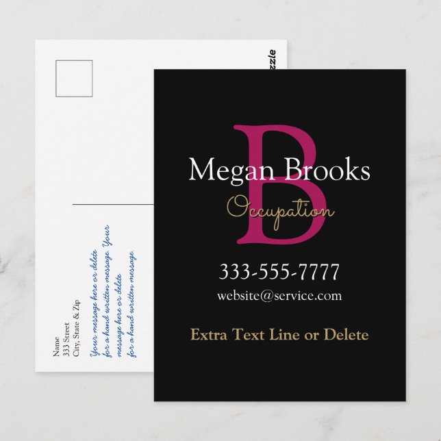 Cartão Postal Business Promo, Name, Monogram & Title on Black (Frente/Verso)