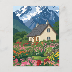 Cartão Postal Cabana Alpina Pitoresca com Jardim de Flores Vibra