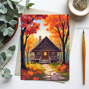 Cartão Postal Cabana   Aquarela de Floresta com Folhagem de Outo