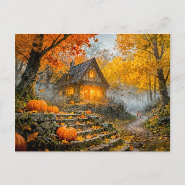 Cartão Postal Cabana da Floresta de Halloween com Abóboras, Cami (Frente)