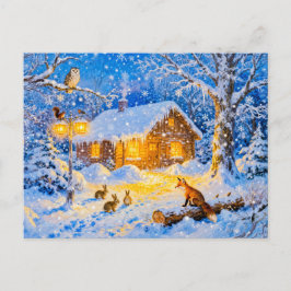 Cartão Postal Cabana de Floresta de Inverno com Animais Silvestr