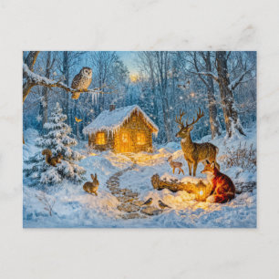 Cartão Postal Cabana de Floresta de Inverno com Veado, Raposa e