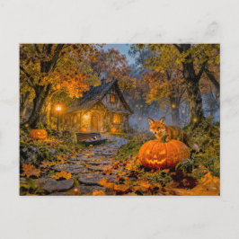 Cartão Postal Cabana de Halloween na Floresta com Raposa
