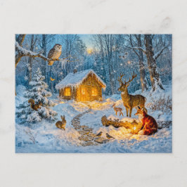 Cartão Postal Cabana de Inverno na Floresta com Veado, Raposa e