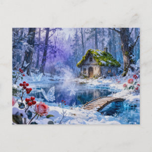 Cartão Postal Cabana Encantada na Floresta Nevada com Ponte e Br