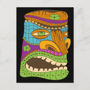 Cartão Postal Cabeça Colorida de Tiki em Humor Exótico, Preto