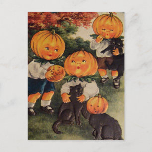 Cartão Postal Cabeças de Abóbora Gato Preto (Cartão Antigo de Ha