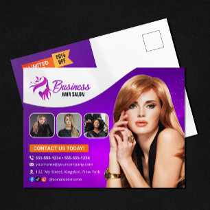 Cartão Postal Cabeleireiro Moderno Roxo Salão de Beleza Cabelere