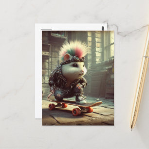 Cartão Postal Cabelo Azul Rosa Punk Rock Skateboard Hamster