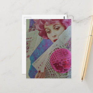 Cartão Postal Cabelo Rosa Bonito Dama Retro Colagem Mídia Mista