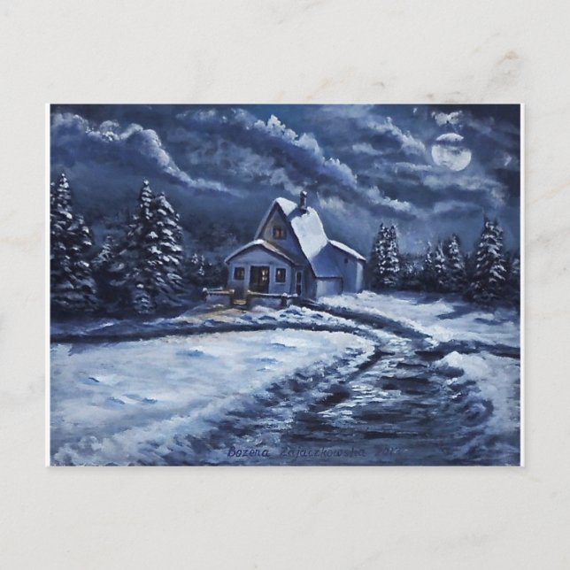 Cartão Postal Cabina de inverno à noite (Frente)