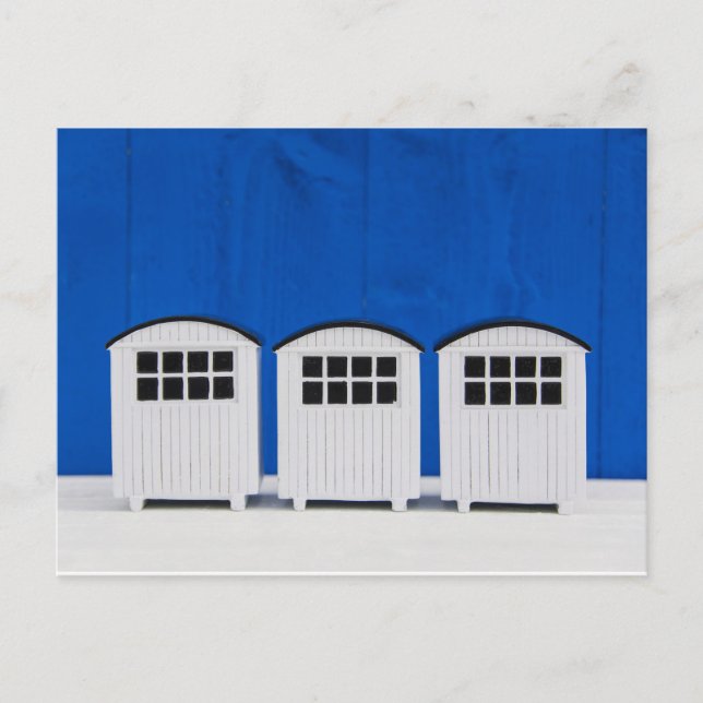 Cartão Postal Cabinas de Summer Beach em azul e branco (Frente)