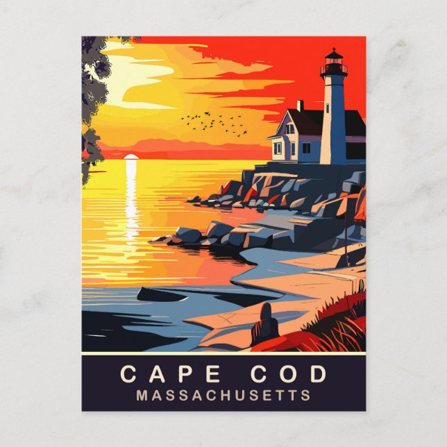 Cartão Postal Cabo Cod, MA, Pôr do Sol na Costa, Viagem (Frente)