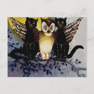 Cartão Postal Cabra Negra Gato de Lua Completa Noite de Árvore